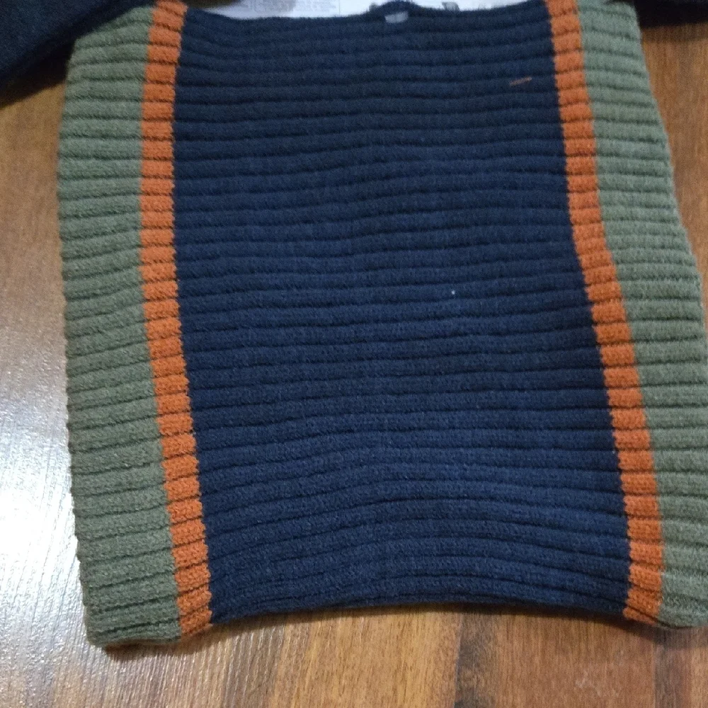 Navy Ribbed Beanie, Scarf & Gloves Set KIDS Olive Orange Trim NWT SIZE 10+